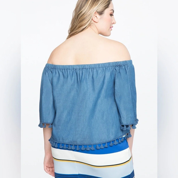 NEW ELOQUII Tassel Trimmed Off Shoulder Blue Chambray Top 28 Plus Size‎ Curvy 3X - Picture 6 of 7